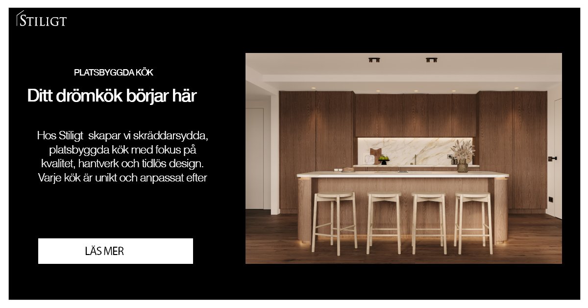 Stiligt - Modernt kök med träluckor, en stor köksö med ljusa bänkskivor, barstolar och minimalistisk inredning, i en Salem - Husdrömmar broschyrlayout med svensk text som marknadsför specialanpassade kök.