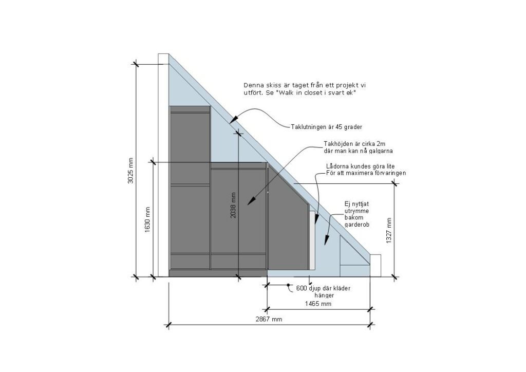 mini walk in closet 45 gradig lutning