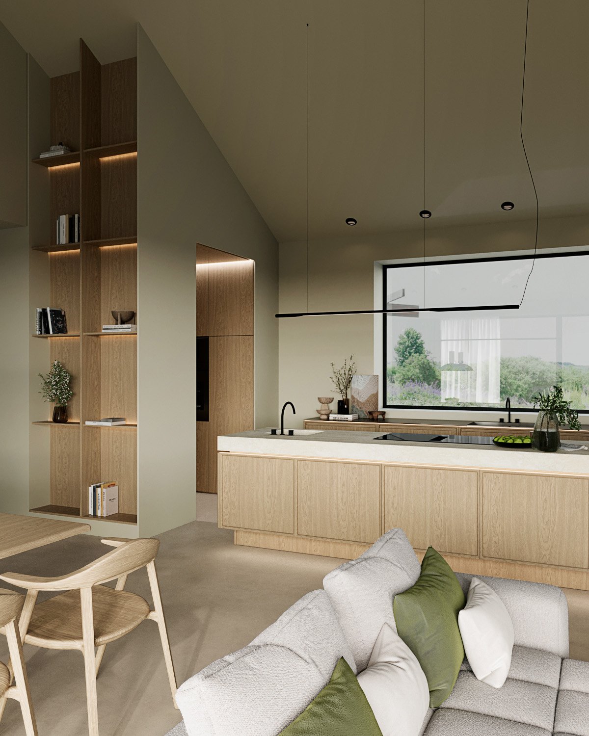 Stiligt - Ett modernt kök och vardagsrum med stiligt träskåp, öppna hyllor och ett stort fönster. Den har en soffa prydd med gröna och vita kuddar, ett matbord och minimalistisk inredning som utstrålar enkel elegans.