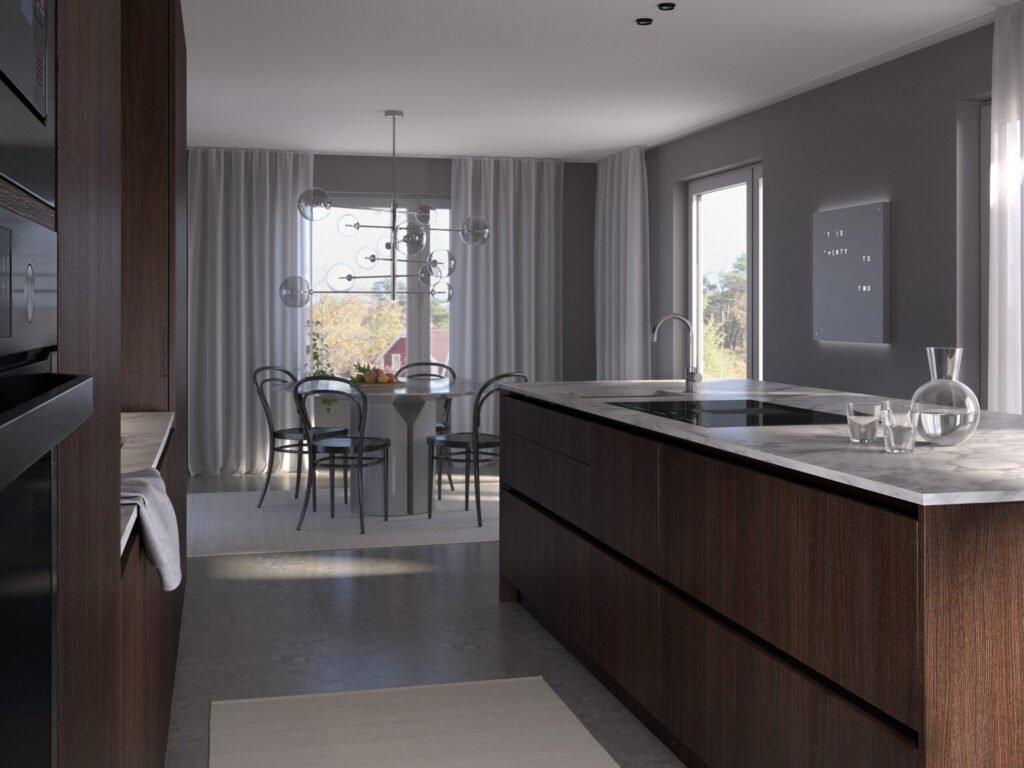 Stiligt - Modernt kök med eleganta skåp i mörkt trä, bänkskivor i marmor och minimalistisk takbelysning. En matplats med fyra stolar och ett glasbord syns i bakgrunden. Naturligt ljus kommer in genom fönstren och skapar en stilig atmosfär.