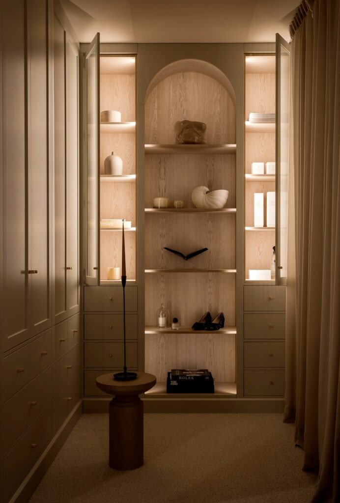 Stiligt -en lyxig walk in closet / klädkammare lampor tända och glasdörrarna öppna