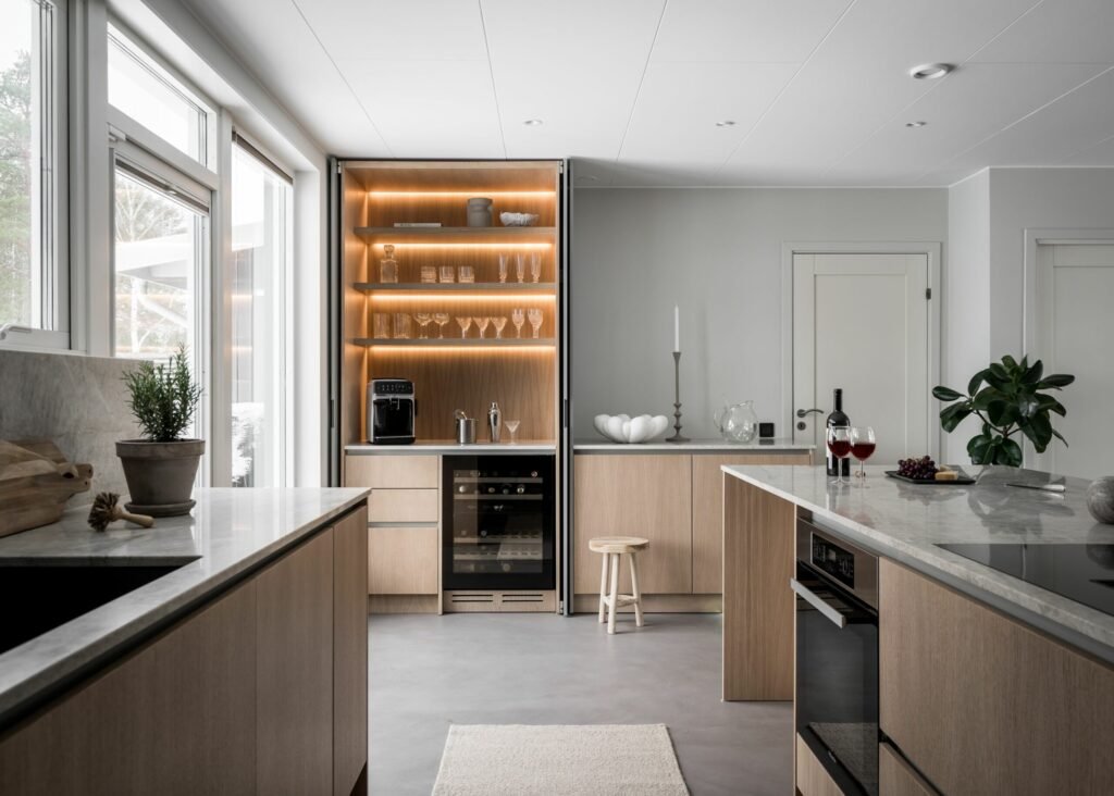 Stiligt - Stiligt modernt kök med ljusa träskåp, glas på upplysta hyllor, en espressomaskin, och en vinflaska med glas på bänken. Stora fönster flödar över utrymmet med naturligt ljus.