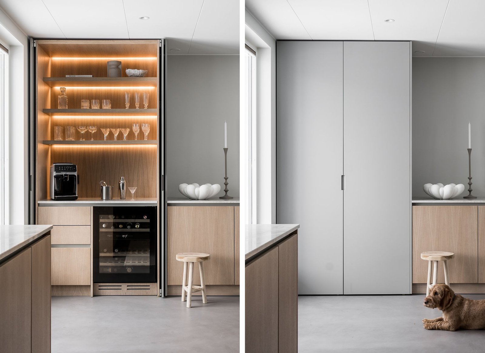 Stiligt - Tvåpanelsbild av ett modernt, *stiligt* kök. Till vänster: öppet skåp med glas, kaffebryggare och ett litet kylskåp. Till höger: snygga stängda skåpsdörrar med en hund som vilar lugnt på golvet framför.
