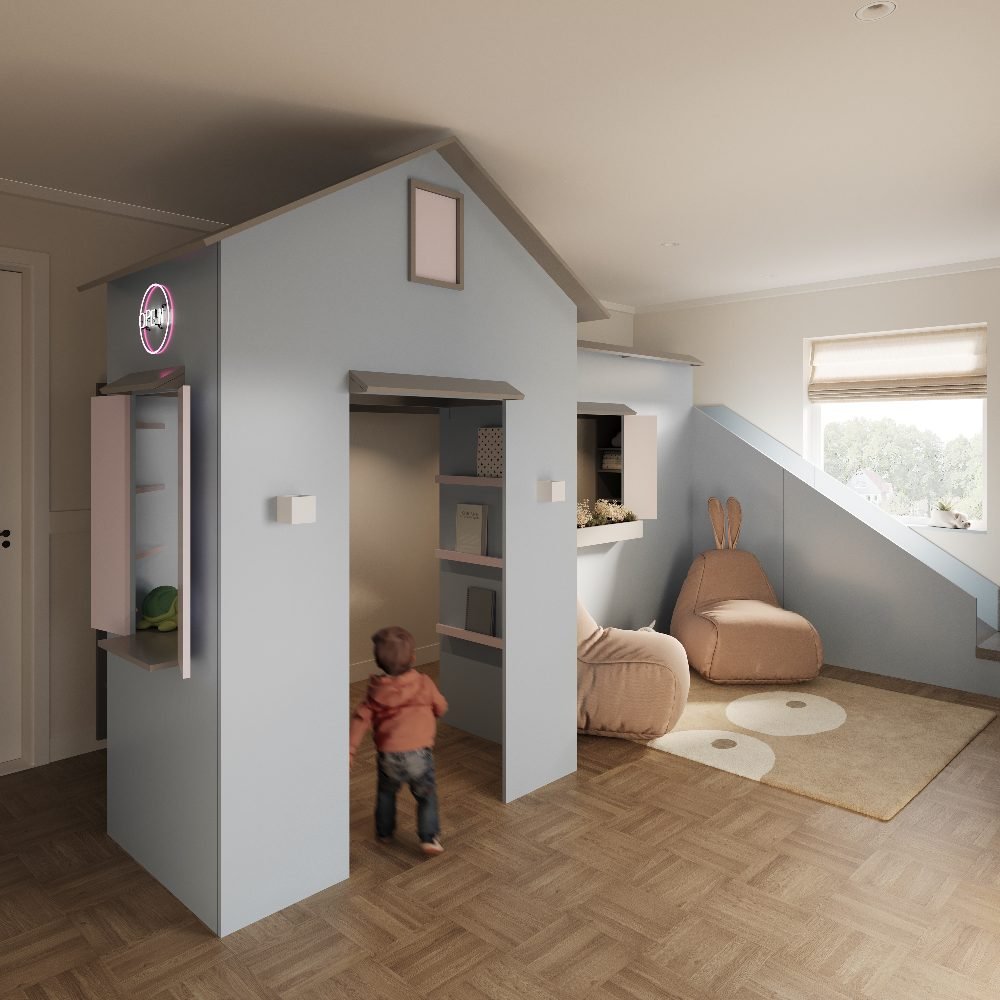 Stiligt - Ett litet barn står bredvid en ljusblå lekstuga med hyllor, intill en mysig hörna med en kaninformad matta och mjuka sittplatser, som återges med hjälp av detaljerad 3D-visualisering.
