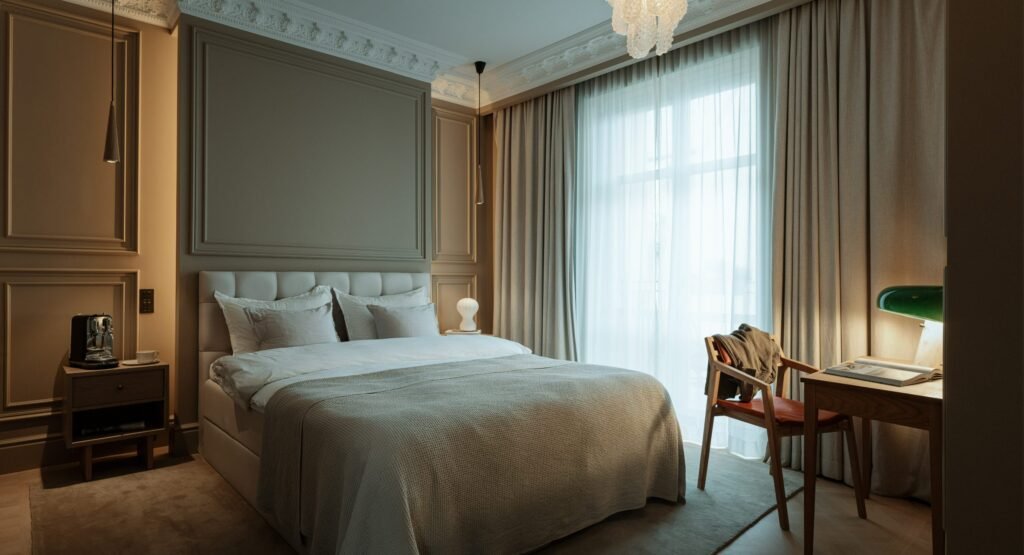 Stiligt - En snyggt bäddad säng med vita sängkläder i ett svagt upplyst rum i en sekelskifteslägenhet i Vasastan, med ett skrivbord, en stol, en lampa, en kaffemaskin och ett stort fönster med tunna gardiner.