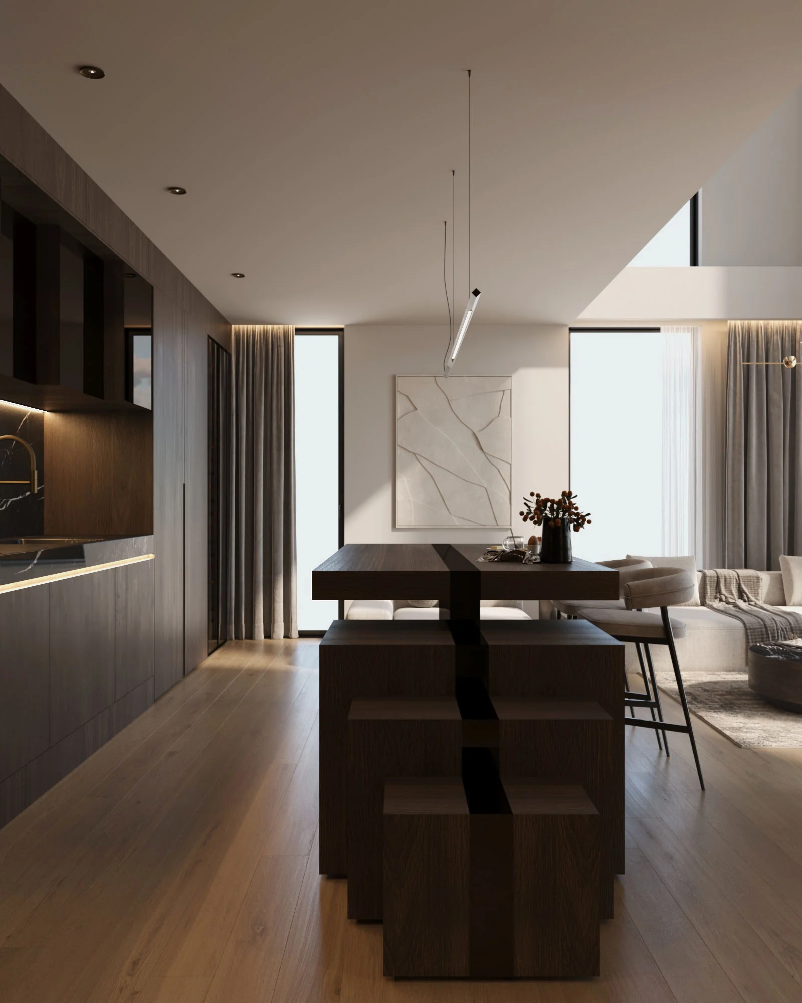 Stiligt - Modernt kök och matplats med mörka träskåp, matchande köksö och pallar, inredning i neutrala toner, gardiner från golv till tak och abstrakt väggkonst.