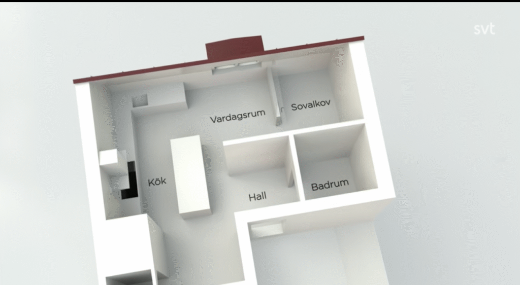 Stiligt - 3D-planlösning av en lägenhet med märkta rum: Kök (kök), Vardagsrum (vardagsrum), Sovalkov (sovalkov), Hall och Badrum (badrum).