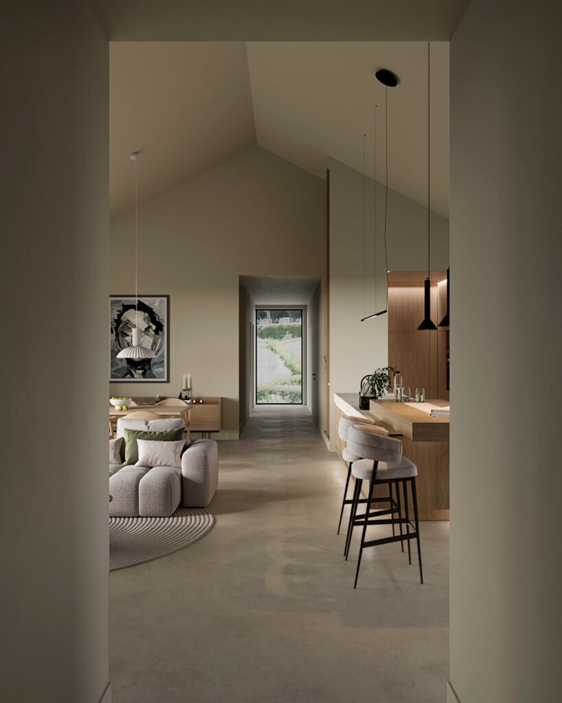 Stiligt - Modernt vardagsrum och kök i öppen planlösning, designat av en skicklig arkitekt köksdesigner, med neutrala toner, minimalistiska möbler, pendellampor och ett stort fönster i slutet av korridoren. Så samarbetar du med arkitekt eller köksdesigner: expertens tips