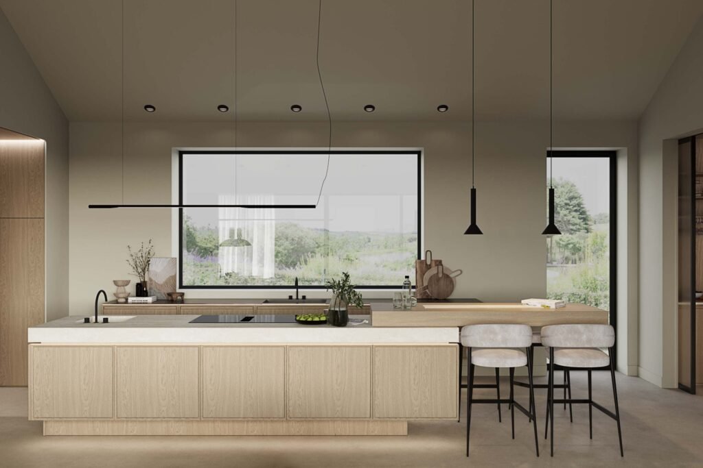 Stiligt - modernt vackert kök i skandinavisk stil med minimalistisk känsla. Ljus trä och en stor köksö. Vackra moderna kök: Inspirerande design för ditt hem.