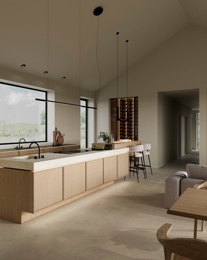 Stiligt - Modernt kök med skåp i ljust trä, en lång köksö med barstolar, stora fönster, vinförvaring och minimalistisk inredning i en neutral färgpalett. Hur du designar ett kök som både är vackert och praktiskt: Ultimata tips!