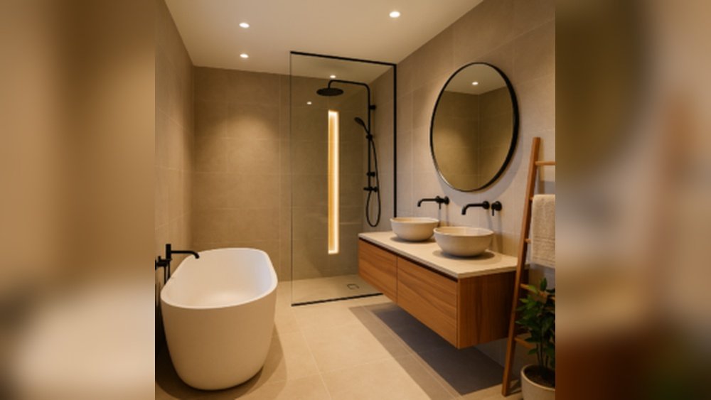 Stiligt - Modernt badrum med fristående badkar, kommod med dubbla handfat, rund spegel, dusch med glasväggar, handdukshängare med stege och beige kakel.