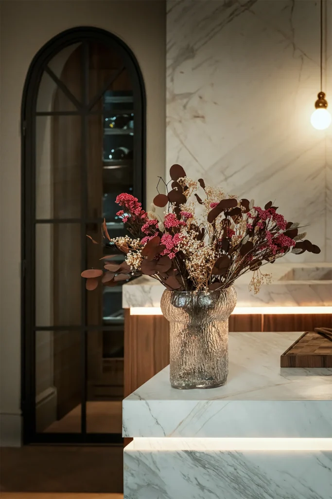 Stiligt - En glasvas med torkade blommor står på en bänkskiva av marmor i ett modernt kök med dämpad belysning och en hög välvd dörr i bakgrunden. Köksinspiration 2026 – De hetaste trenderna för platsbyggda kök: Stil & funktion