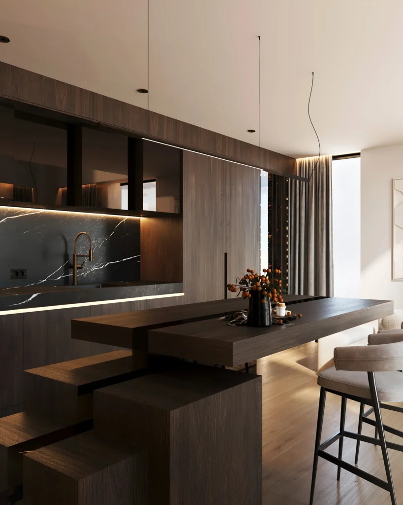 Stiligt - Modernt kök med skåpinredning i mörkt trä, stänkskydd i svart marmor, inbyggda vitvaror, ett stort matbord, minimalistiska stolar och varm belysning - perfekt för den som söker moderna-kok-inspiration. Moderna kök inspiration: Skapa ditt drömkök idag