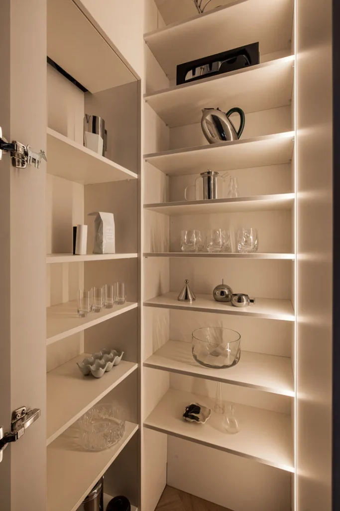 Stiligt - Ett modernt skafferi med vita hyllor med glas, tekannor, skålar, kannor och prydnadsföremål, upplysta av inbyggd belysning. Ett platsbyggt skafferi kan vara den gömda lyxen som förändrar allt.