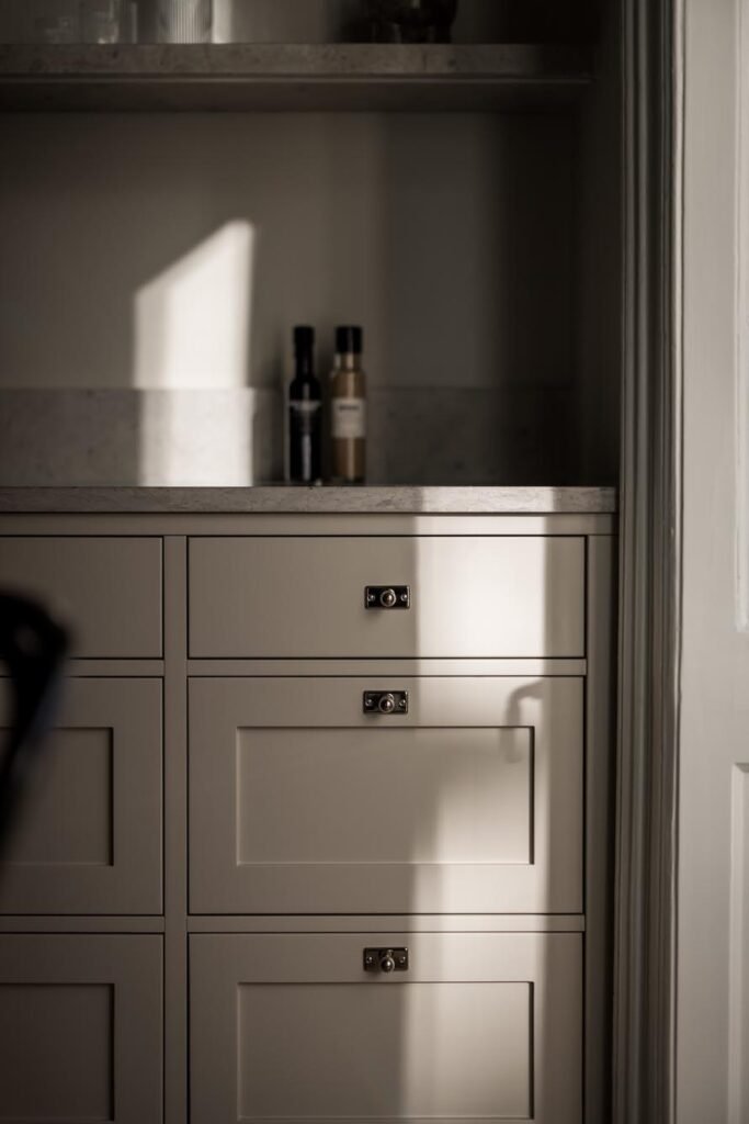 Stiligt - Solljuset faller på beige kökslådor med metallhandtag; två flaskor står på bänkskivan mot väggen.Underskåp kontra lådor - vad är mest ergonomiskt? Maximal komfort