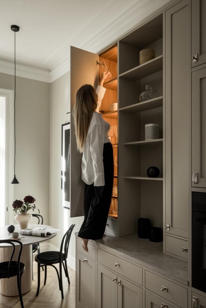 Stiligt - En kvinna står på en köksbänk och sträcker sig in i ett överskåp med glasföremål inuti. Köket har beige skåp, öppna hyllor och en modern matplats i närheten.