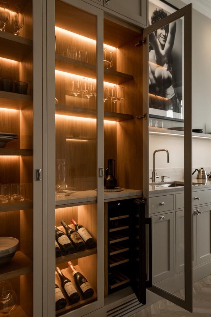Stiligt - Ett modernt köksskåp med glasdörrar visar glasvaror, vinflaskor och en vinkyl, med varm interiörbelysning och en diskbänk synlig i bakgrunden. 5 kostnadsfällor att undvika vid köksrenovering: Spara stort!