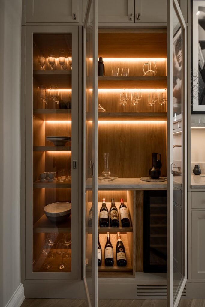 Stiligt - Skåp med glasfront och invändig belysning som visar glasvaror, vinflaskor, karaffer och en vinkylare i ett modernt kök eller barområde. Ett platsbyggt skafferi kan vara den gömda lyxen som förändrar allt.