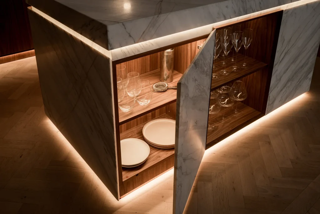 Stiligt - En köksö i marmor med en öppen skåplucka som avslöjar prydligt staplade tallrikar och olika glas på trähyllor, upplysta av mjuk belysning under skåpet. Underskåp kontra lådor - vad är mest ergonomiskt? Maximal komfort