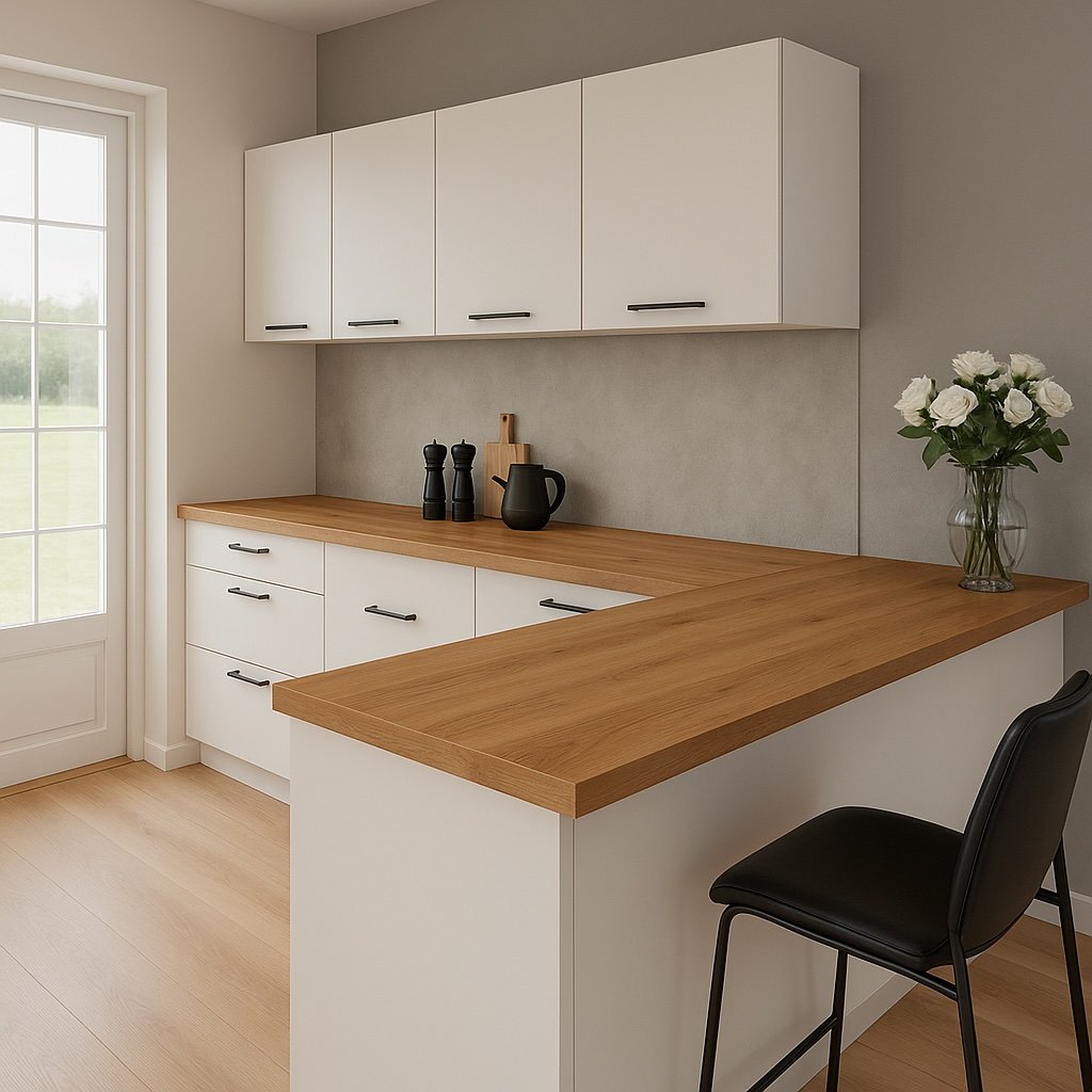 Stiligt - Modernt kök med vita skåp, bänkskivor i trä, en svart stol, vas med blommor och köksredskap prydligt uppradade på bänken nära ett stort fönster - fyra tips på hur du tar hand om din bänkskiva gör köket hållbart och stilrent.