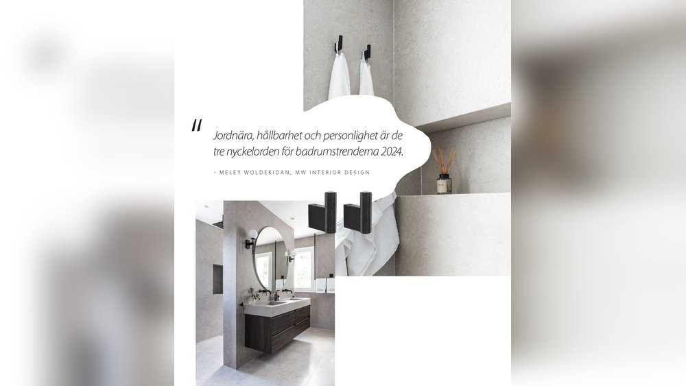 Stiligt - Minimalistiskt modernt badrum med neutrala toner, rund spegel, två svarta väggkrokar med vita handdukar och ett citat på svenska om badrumsdesigntrender för 2024.