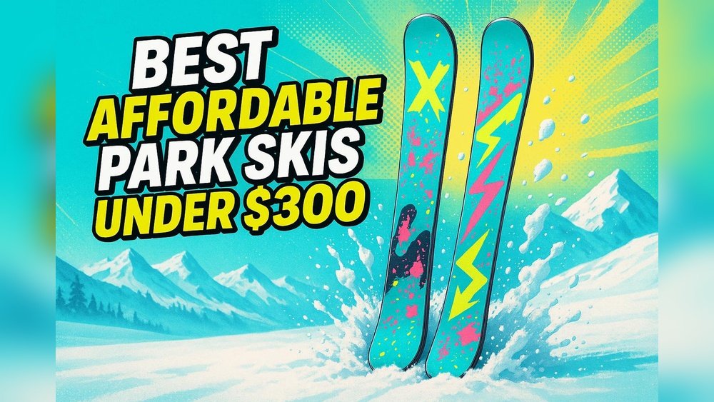 Stiligt - Två färgglada parkskidor står upprätt i snön med snöiga berg och en stark sol i bakgrunden. Texten lyder: "Bästa prisvärda parkskidor under 300 dollar.