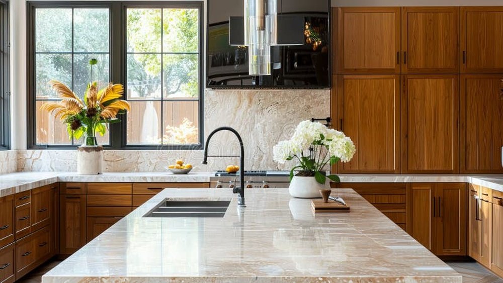 Stiligt - Modernt kök med träskåp, bänkskivor i marmor, en central ö med diskho, stora fönster och dekorativa vaser med blommor.