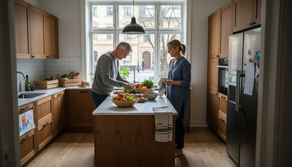 Stiligt - Två personer står i ett modernt kök och lagar mat tillsammans vid en central köksö, omgivna av färska grönsaker och köksredskap-showcasing varför skräddarsydda kök skapar en inspirerande matlagningsmiljö.