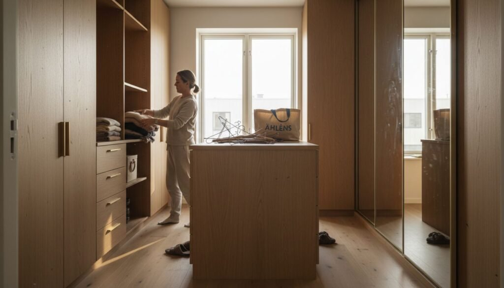 Stiligt - En person står i en walk-in closet och organiserar kläder på hyllor. En ö, en shoppingväska och galgar står i mitten; stora fönster släpper in naturligt ljus - att visa varför välja måttbeställda garderober kan göra vilket utrymme som helst ljusare och mer organiserat.