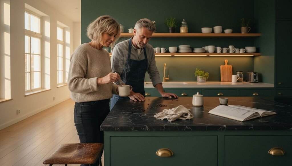Stiligt - En kvinna och en man står i ett modernt kök med gröna skåp och håller i muggar nära en köksö med en uppslagen bok och utspridda kaffebönor.