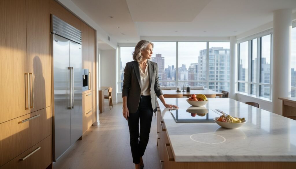 Stiligt - En kvinna i affärskläder står i ett modernt, solbelyst kök med träskåp, marmorbänkskivor och en stadssiluett som syns genom stora fönster.
