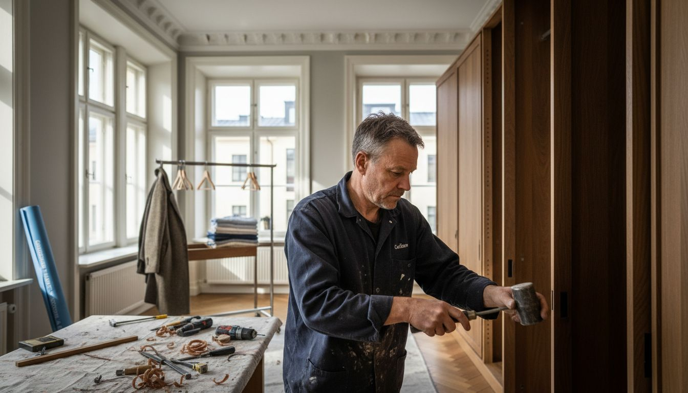Stiligt - En man arbetar med träsnickerier i ett väl upplyst rum med hammare och mejsel. Verktyg och träspån ligger utspridda på ett bord i närheten.