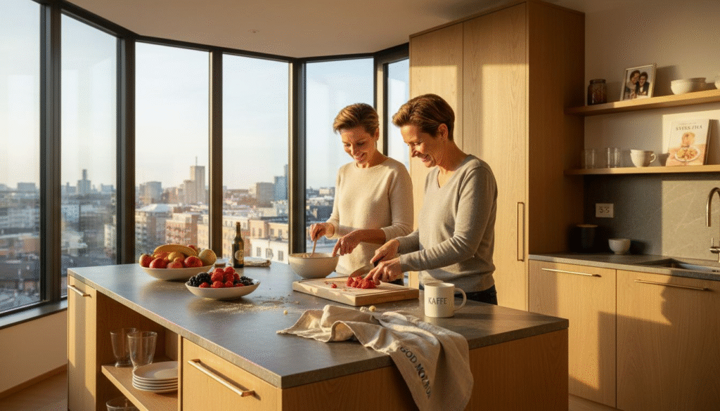 Stiligt - Två personer står i ett modernt kök med stora fönster och skär frukt på en bänk med muggar och skålar i närheten. Stadens byggnader syns utanför i bakgrunden.
