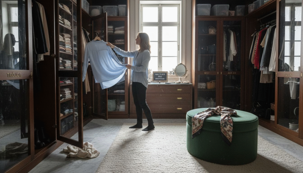 Stiligt - En kvinna står i en walk-in closet och håller i en blå blus, med organiserade kläder och hyllor runt omkring henne och en rund grön ottoman i mitten-så skapar du lyxig walk in closet inspiration för ditt eget utrymme.