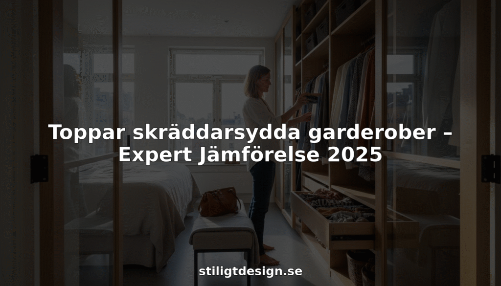 Stiligt - En kvinna står i ett modernt sovrum och organiserar kläder i en anpassad walk-in-garderob. Textöverlägget lyder: "Toppar skräddarsydda garderober - Expert jämförelse 2025.