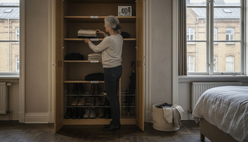 Stiligt - En kvinna med grått hår organiserar märkta hyllor i en garderob och ordnar vikta kläder och skor i ett sovrum med stora fönster och en tvättkorg.