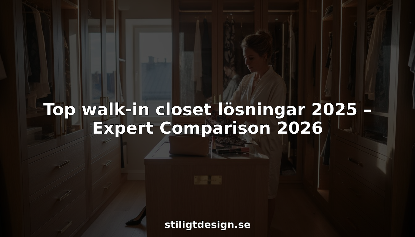 Stiligt - En kvinna står i en modern walk-in-closet med trähyllor och lådor och tittar på föremål på en bänk. Textöverlägg främjar garderobslösningar och expertjämförelse.
