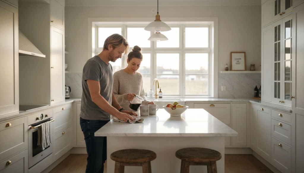 Stiligt - En man och en kvinna står tillsammans vid en köksö och förbereder kaffe och torkar disk i ett ljust, modernt kök med vita skåp och stora fönster.