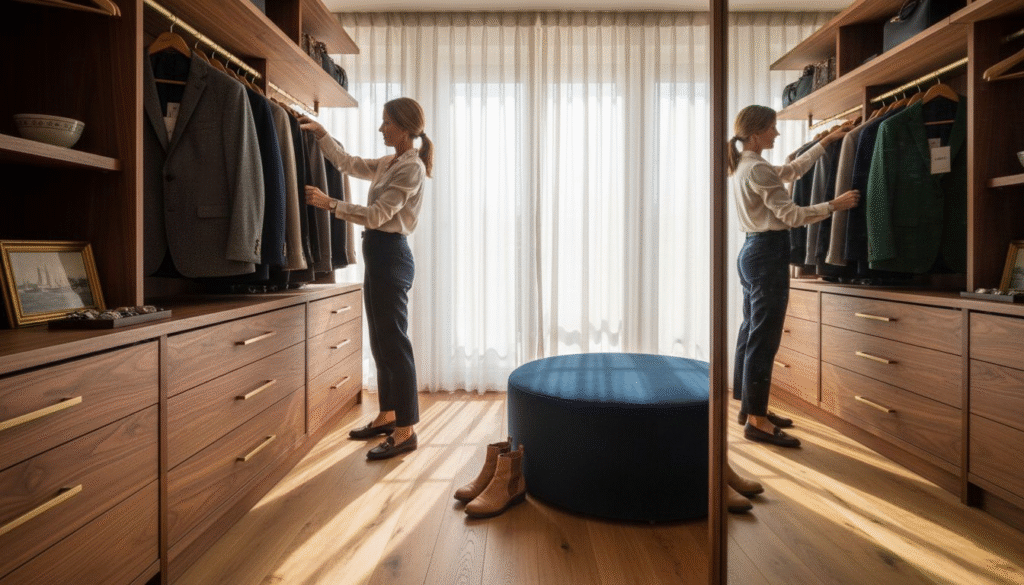 Stiligt - En kvinna ordnar jackor i en rymlig walk-in-closet med trähyllor, lådor och en rund ottoman, upplyst av naturligt ljus genom skira gardiner.