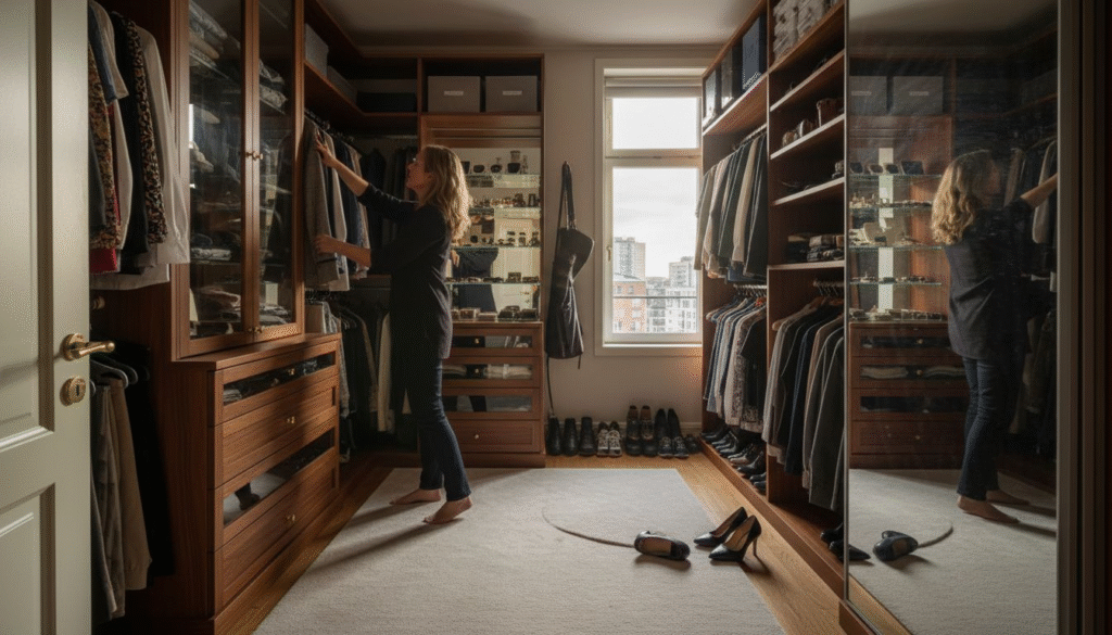 Stiligt - En kvinna står i en välorganiserad walk-in-closet med trähyllor, hängande kläder och skor prydligt ordnade, medan hon väljer ett föremål från en garderob.