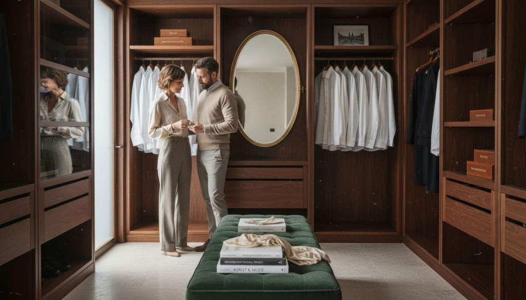 Stiligt - En man och en kvinna står tillsammans i en modern walk-in-closet med trähyllor, vita skjortor, en stor spegel och en grön bänk med hopvikta kläder och böcker.