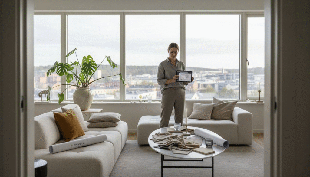 Stiligt - En kvinna står i ett modernt vardagsrum och håller i en surfplatta, med stora fönster som visar en stadsbild i bakgrunden.