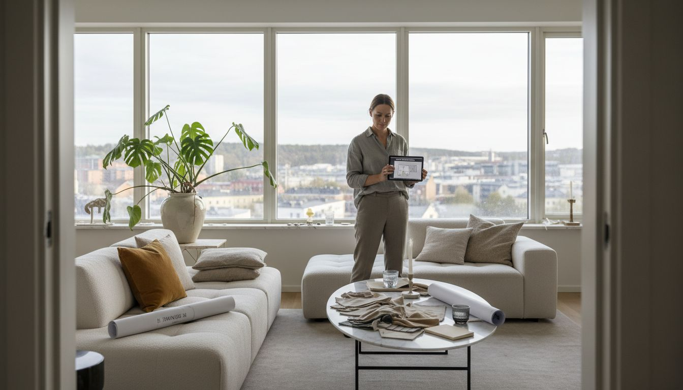 Stiligt - En kvinna står i ett modernt vardagsrum och håller i en surfplatta, med stora fönster som visar en stadsbild i bakgrunden.