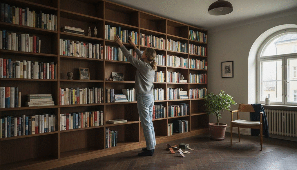 Stiligt - En person står i ett hemmabibliotek och sträcker sig efter en bok på en hög bokhylla i trä, med spridda böcker på golvet och en krukväxt i närheten.