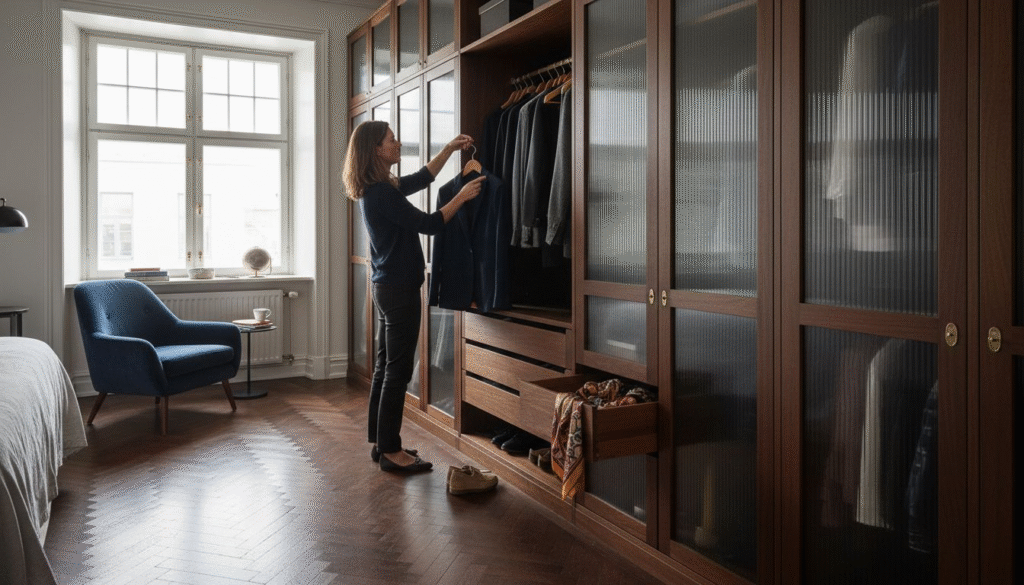 Stiligt - En kvinna står vid en öppen garderob och väljer en skjorta. Rummet har trägolv, en blå fåtölj, en säng och stora fönster som släpper in naturligt ljus.