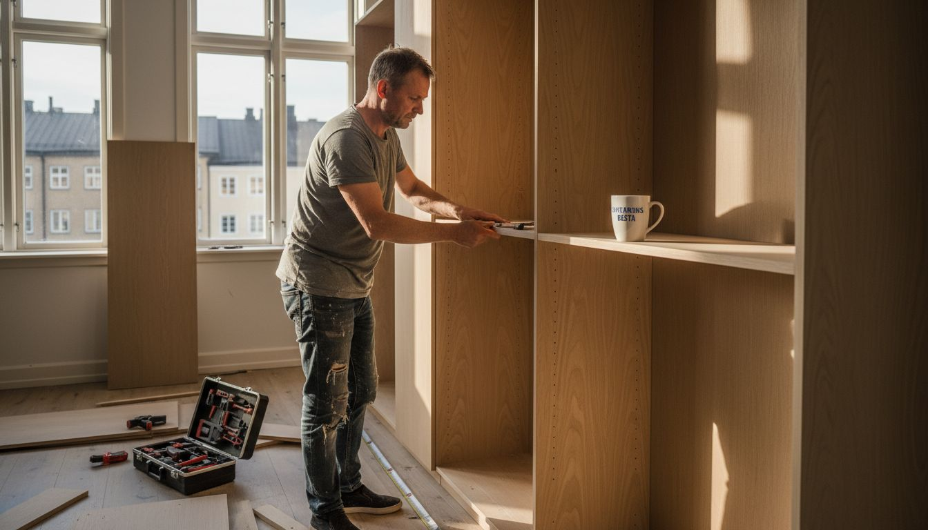 Stiligt - En man monterar en hylla i trä i ett väl upplyst rum, med en verktygslåda och en kaffemugg på hyllorna.