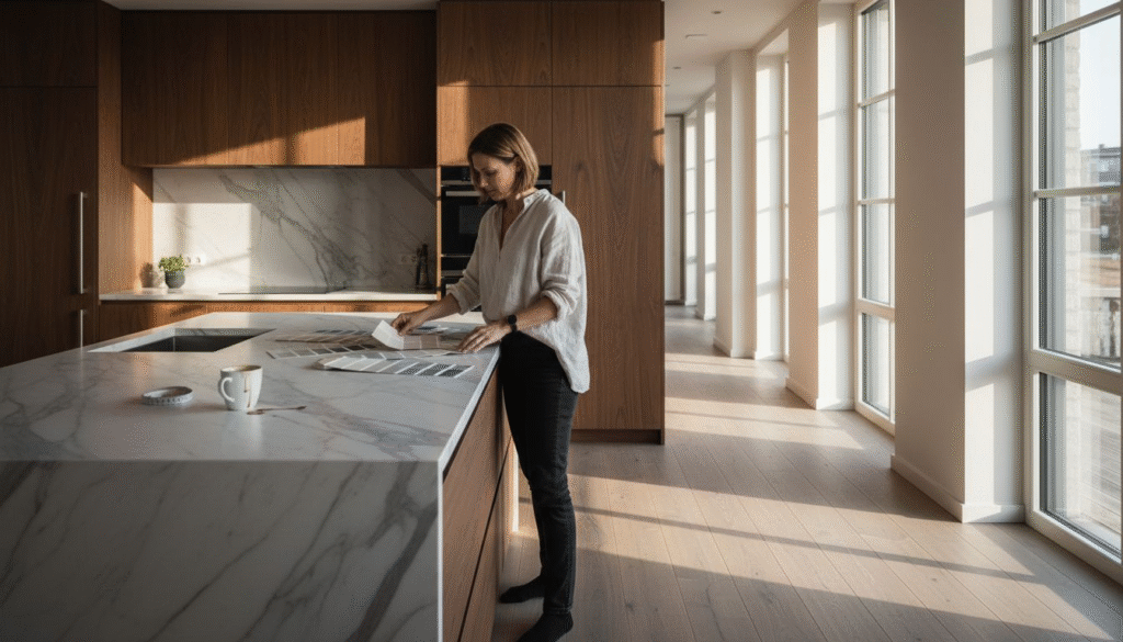 Stiligt - En kvinna står vid en köksö i marmor och går igenom färgprover och papper i ett modernt, solbelyst kök med träskåp och stora fönster.