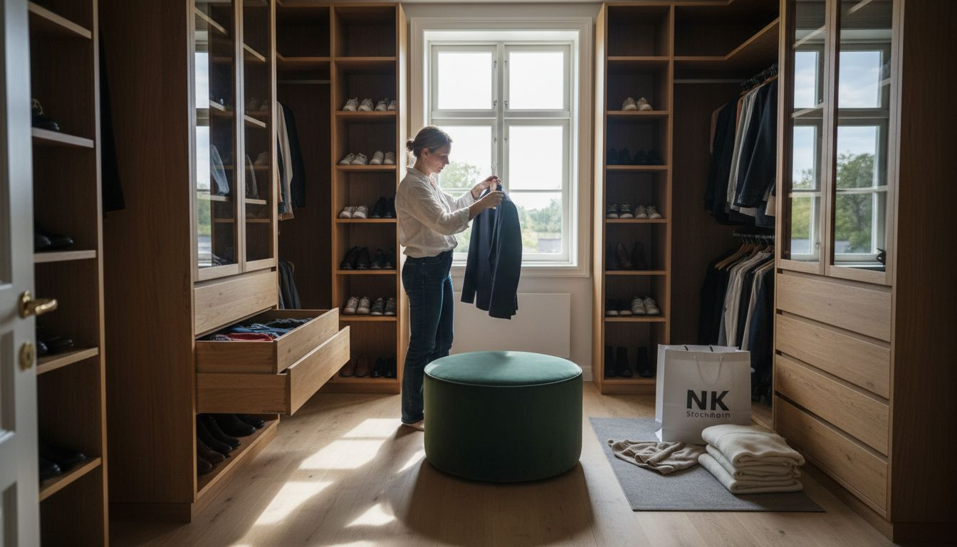 Stiligt - En person står i en rymlig walk-in closet och undersöker en jacka. Skor och kläder är prydligt organiserade och en shoppingväska märkt "NK" ligger på golvet bredvid vikta plagg.