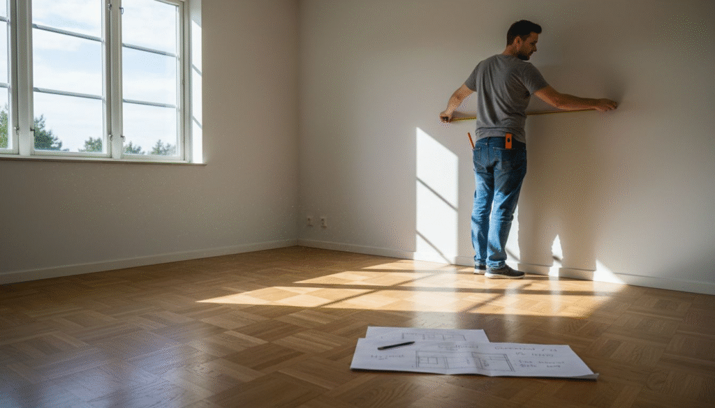 Stiligt - En man mäter en tom vägg i ett solbelyst, omöblerat rum med ett måttband; ritningar och en penna ligger på trägolvet i närheten.