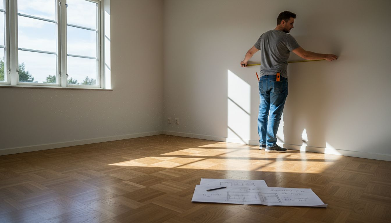 Stiligt - En man mäter en tom vägg i ett solbelyst, omöblerat rum med ett måttband; ritningar och en penna ligger på trägolvet i närheten.